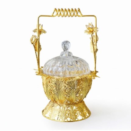 Luxury Gold Metal Candy Bowl Dish with Crystal Glass Lid for Nuts Sweets