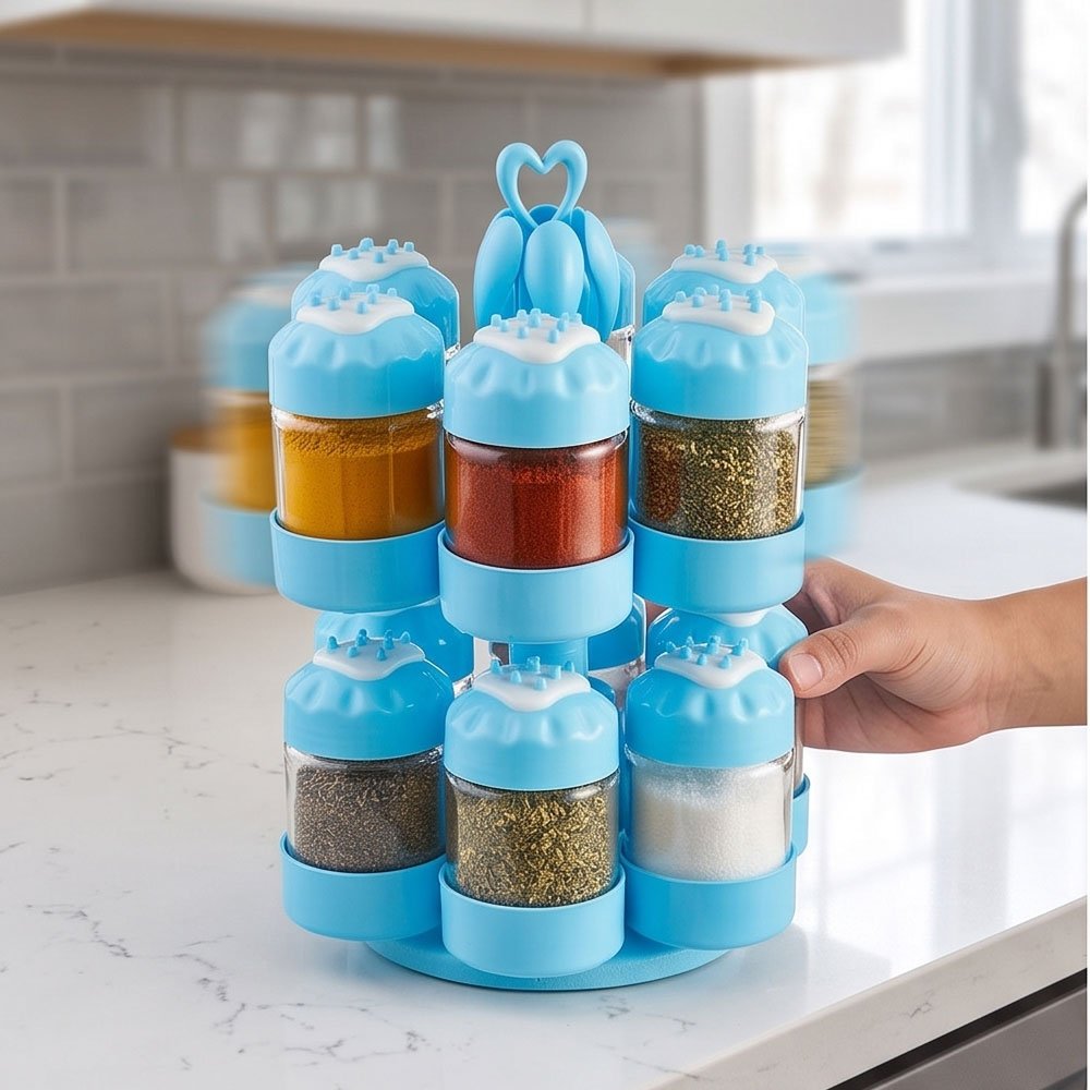 8-Piece Revolving Glass Spice Jar Set with Spoons & Heart Handle Stand