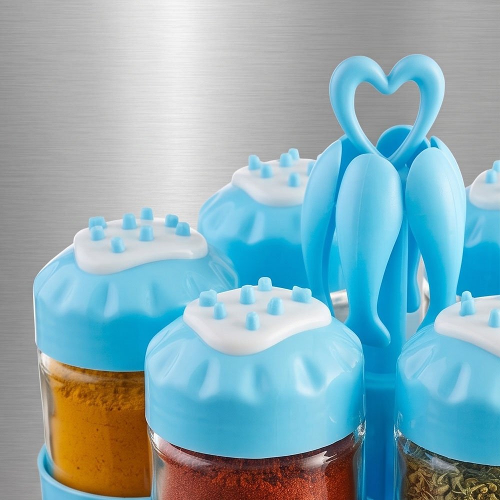 8-Piece Revolving Glass Spice Jar Set with Spoons & Heart Handle Stand - Image 2