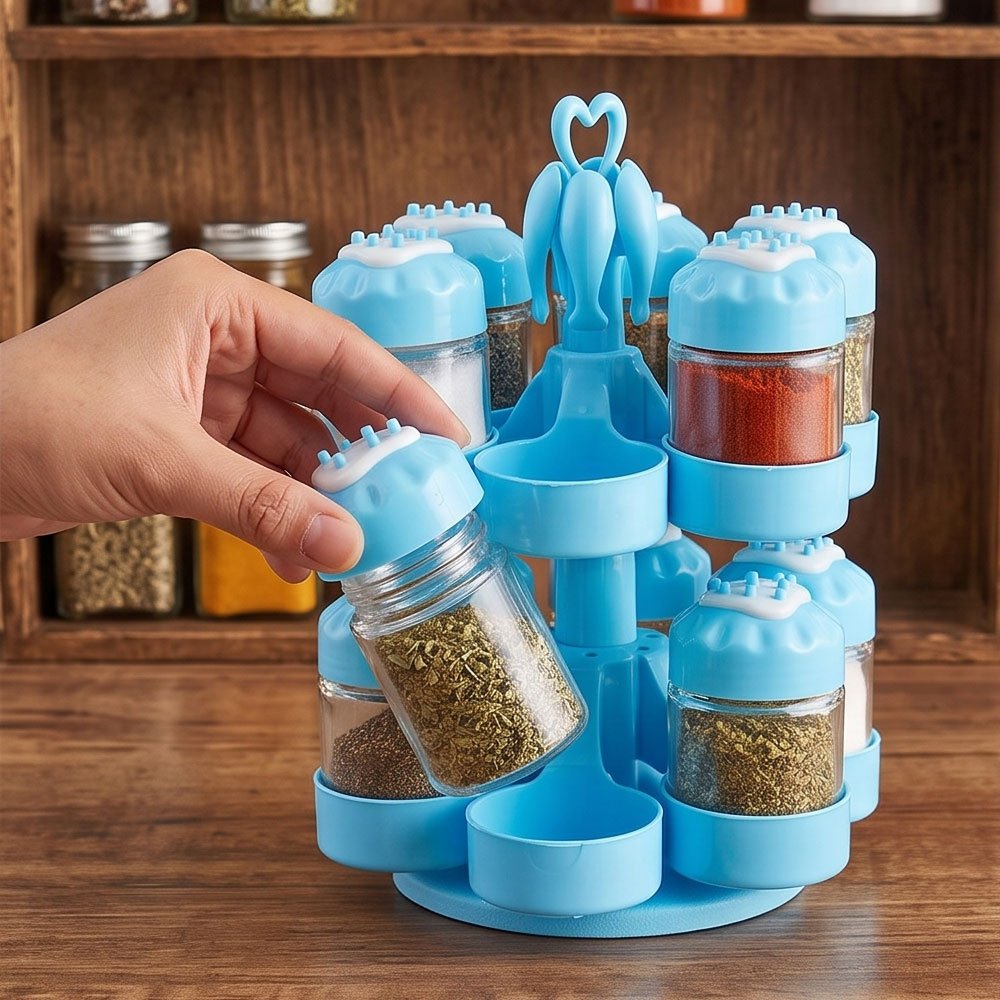 8-Piece Revolving Glass Spice Jar Set with Spoons & Heart Handle Stand - Image 3