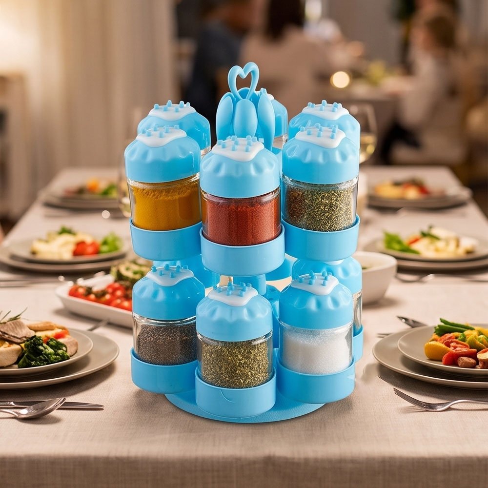 8-Piece Revolving Glass Spice Jar Set with Spoons & Heart Handle Stand - Image 4