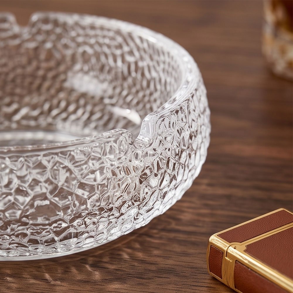 Round Textured Glass Ashtray Heavy Duty Clear Decorative Desktop Ash Tray - Image 3