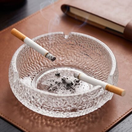 Round Textured Glass Ashtray Heavy Duty Clear Decorative Desktop Ash Tray