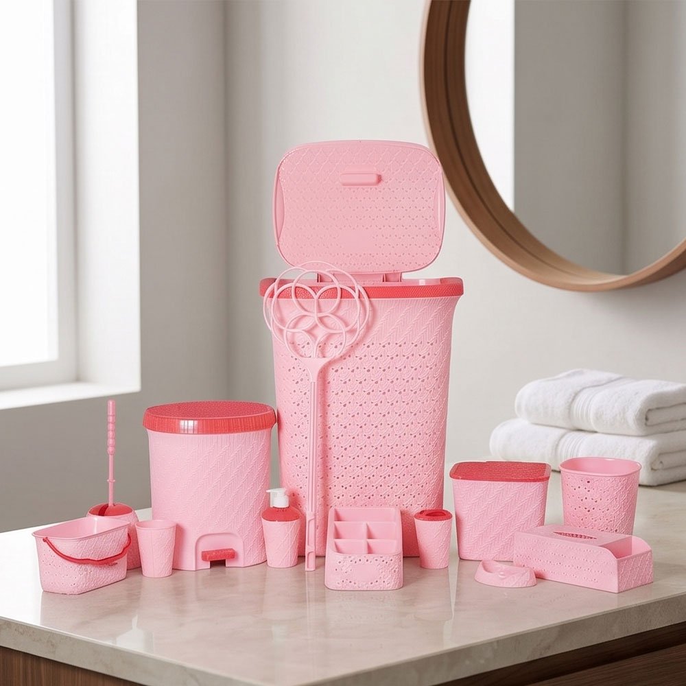 Complete 15-Piece Plastic Bathroom Accessory and Storage Organizer Set Pink Rattan Design - Image 3