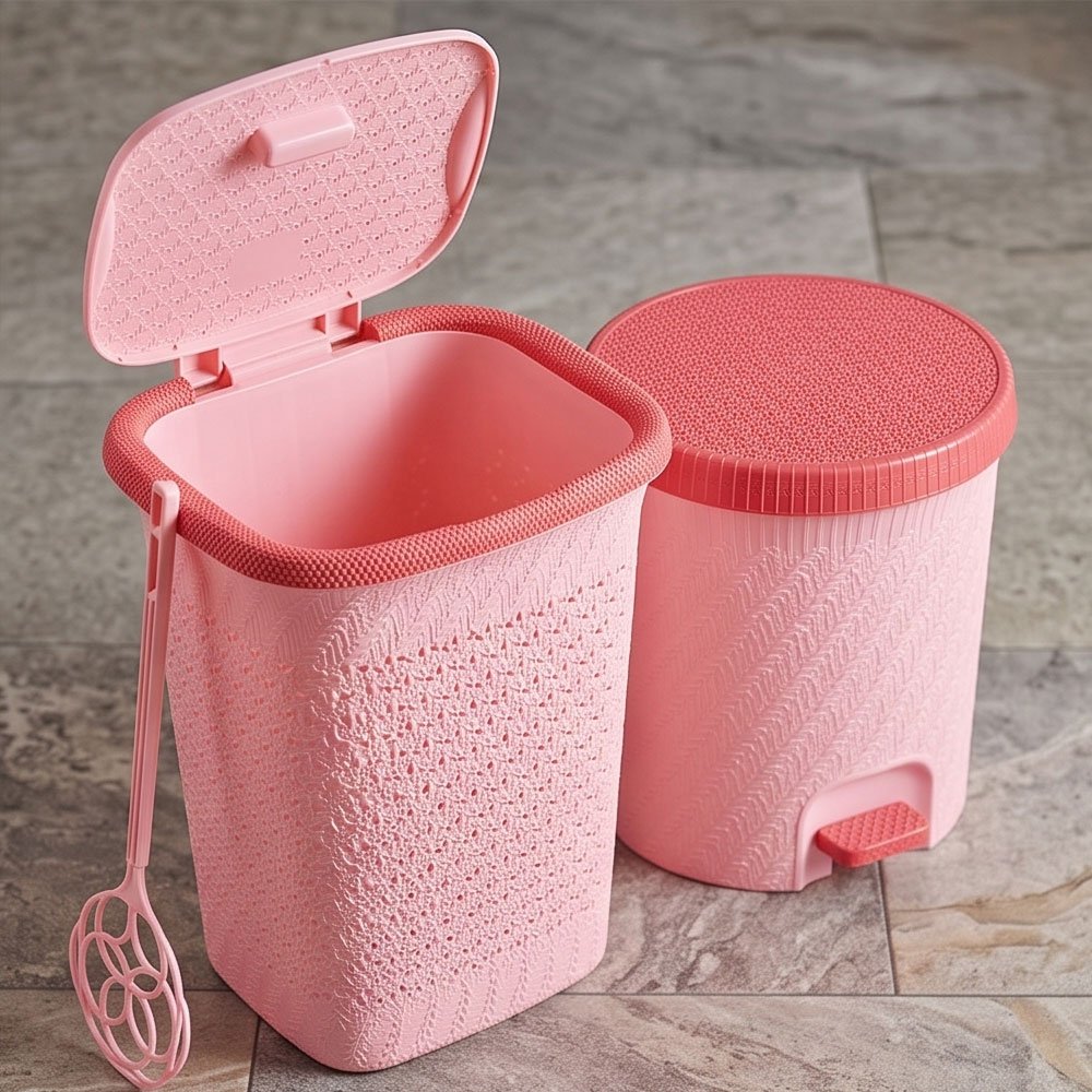 Complete 15-Piece Plastic Bathroom Accessory and Storage Organizer Set Pink Rattan Design - Image 4