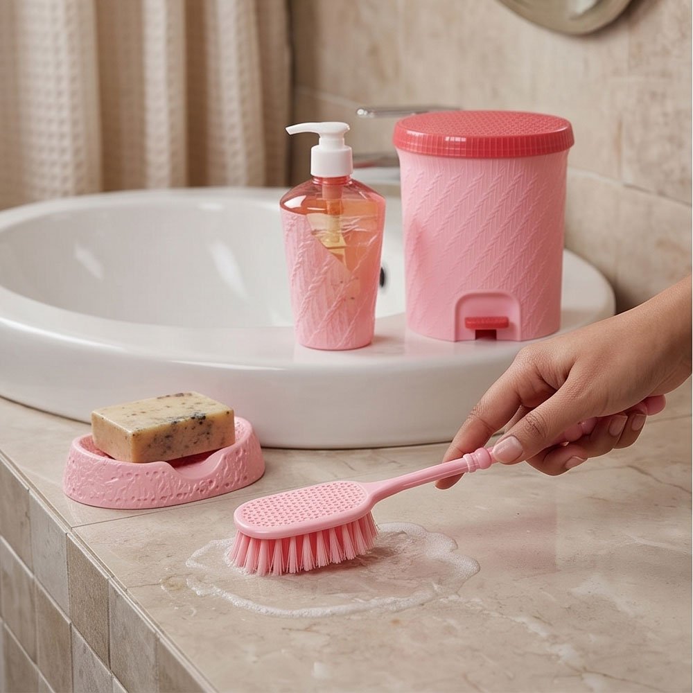 Complete 15-Piece Plastic Bathroom Accessory and Storage Organizer Set Pink Rattan Design - Image 5