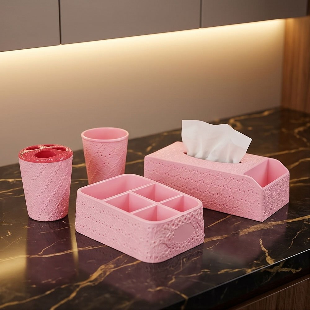Complete 15-Piece Plastic Bathroom Accessory and Storage Organizer Set Pink Rattan Design - Image 2