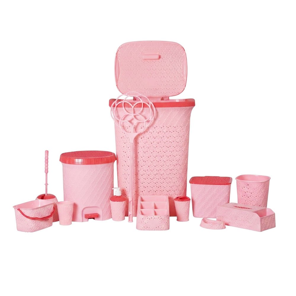 Complete 15-Piece Plastic Bathroom Accessory and Storage Organizer Set Pink Rattan Design