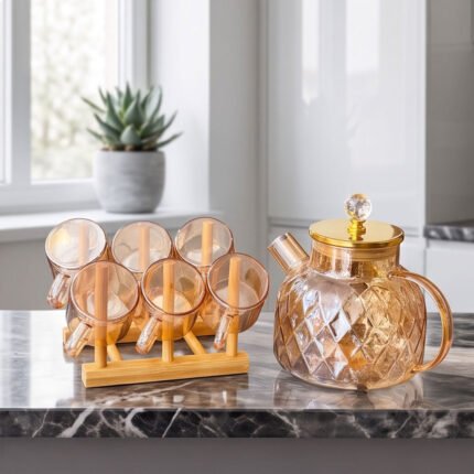 7-Piece Amber Heat-Resistant Pyrex Tea Pot Set with 6 Mugs & Wooden Stand