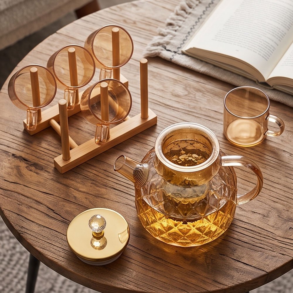 7-Piece Amber Heat-Resistant Pyrex Tea Pot Set with 6 Mugs & Wooden Stand - Image 2