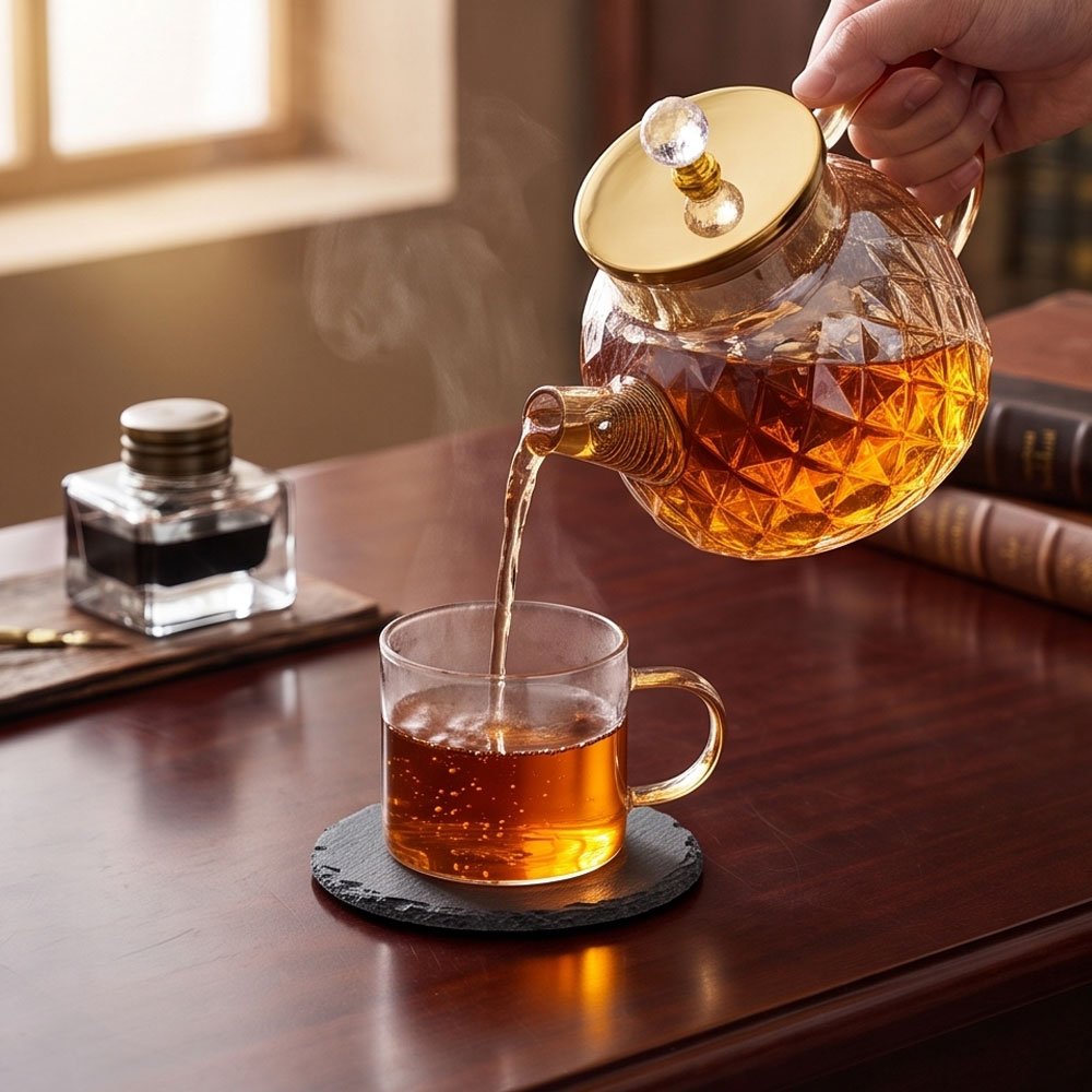 7-Piece Amber Heat-Resistant Pyrex Tea Pot Set with 6 Mugs & Wooden Stand - Image 3