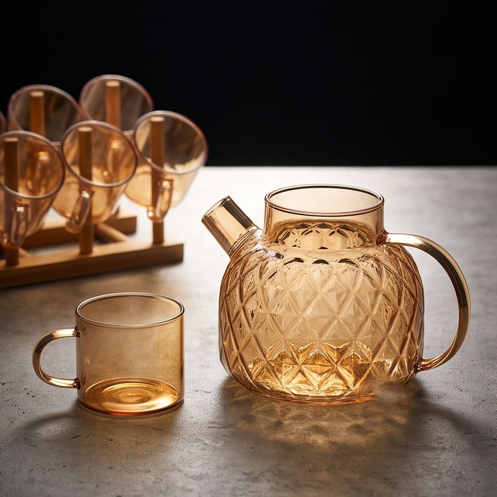 7-Piece Amber Heat-Resistant Pyrex Tea Pot Set with 6 Mugs & Wooden Stand - Image 4