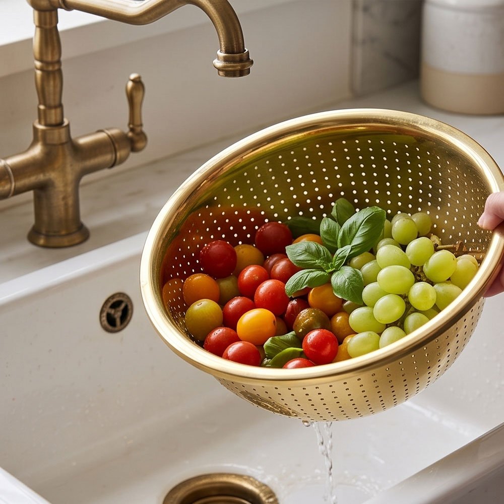 Gold Stainless Steel Colander Strainer Bowl for Rice, Fruits & Vegetables - Image 3