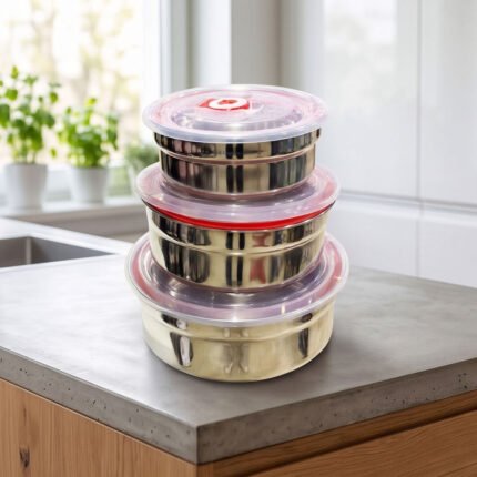 3-Piece Round Stainless Steel Food Storage Container Set with Sealed Lids