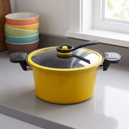 G.DUCK 22cm Non-Stick Cooking Pot Yellow with Glass Lid & Silicone Rim