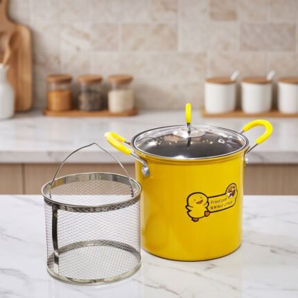Deep Frying Pot 3L Non-Stick Yellow Duck Design with Removable Wire Strainer