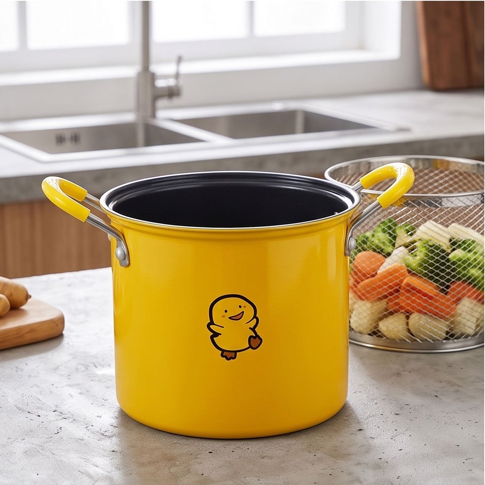 Deep Frying Pot 3L Non-Stick Yellow Duck Design with Removable Wire Strainer - Image 4