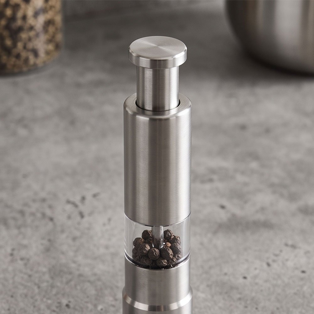 Stainless Steel One Hand Push Button Pepper Mill Salt Grinder with Acrylic Window - Image 2
