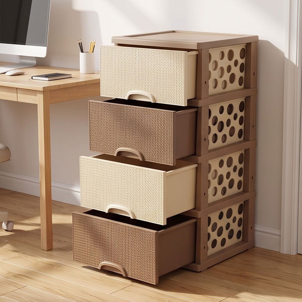 Dodo 4 Drawer Plastic Storage Cabinet Organizer Unit Rattan Pattern Brown and Beige - Image 2