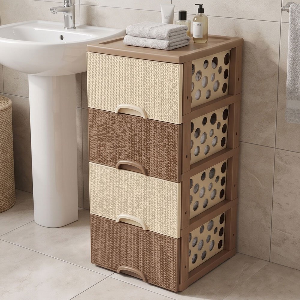 Dodo 4 Drawer Plastic Storage Cabinet Organizer Unit Rattan Pattern Brown and Beige - Image 3
