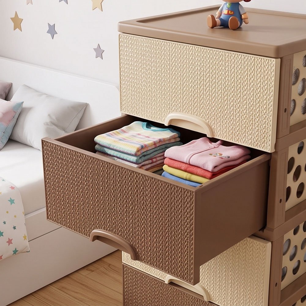 Dodo 4 Drawer Plastic Storage Cabinet Organizer Unit Rattan Pattern Brown and Beige - Image 4