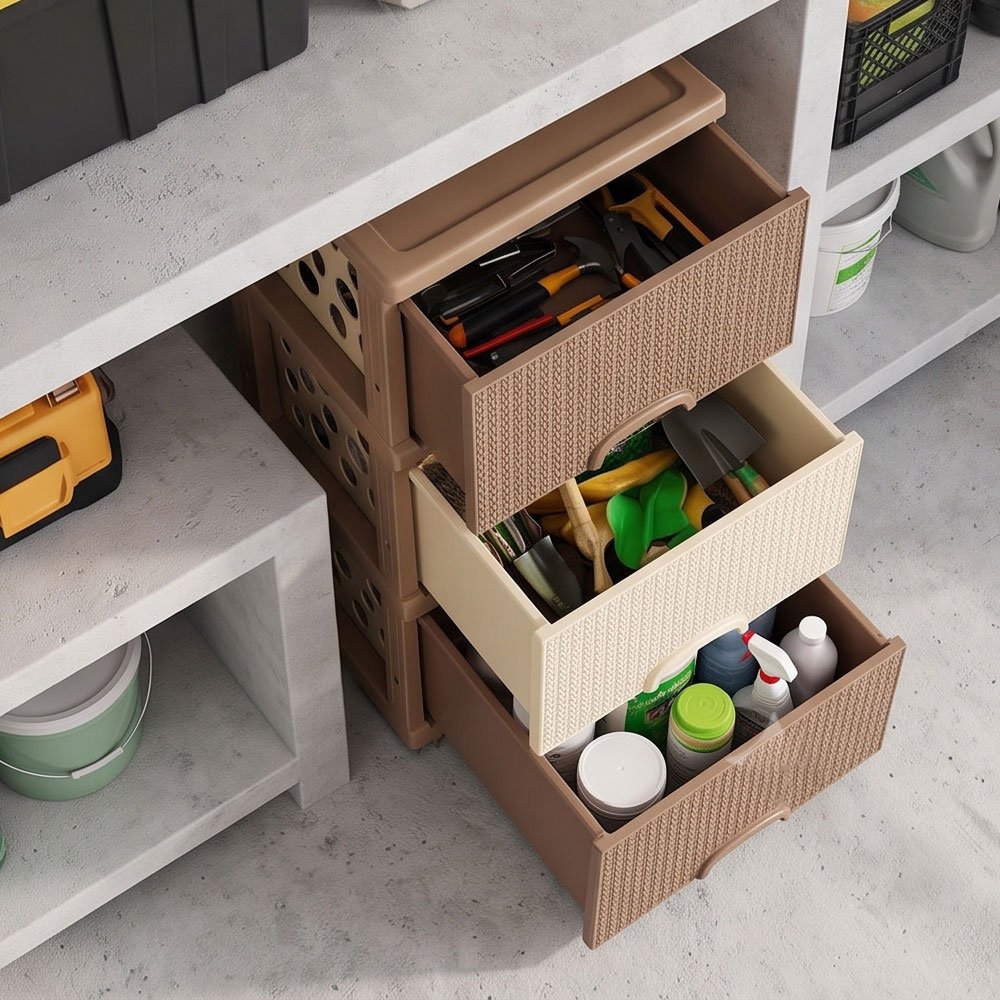 Dodo 4 Drawer Plastic Storage Cabinet Organizer Unit Rattan Pattern Brown and Beige - Image 5