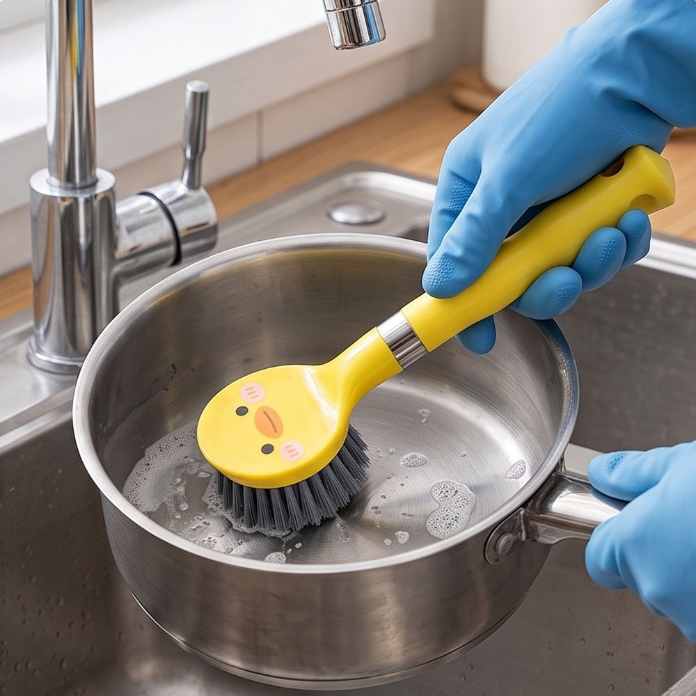 Cute Yellow Duck Kitchen Scrub Brush with Long Handle for Dishes and Pots - Image 3
