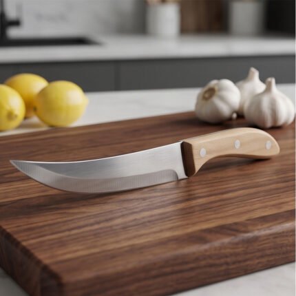Stainless Steel Boning Knife with Curved Sharp Blade and Wooden Handle