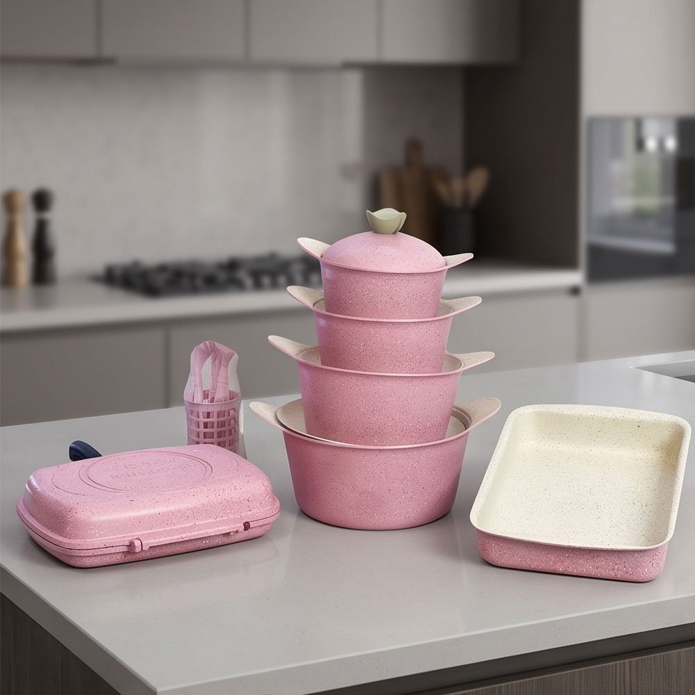 19-Piece Premium Korean Granite Cookware Set in Stylish Pink Non-Stick Finish for Modern Kitchens - Image 2