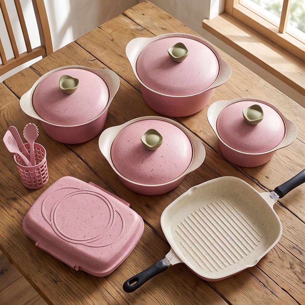 19-Piece Premium Korean Granite Cookware Set in Stylish Pink Non-Stick Finish for Modern Kitchens - Image 3