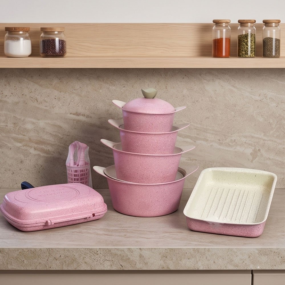 19-Piece Premium Korean Granite Cookware Set in Stylish Pink Non-Stick Finish for Modern Kitchens
