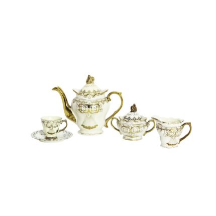 17-Piece Luxury Cream Porcelain Cocoa and Tea Set with Royal Gold Accents and Elegant Classic Motifs