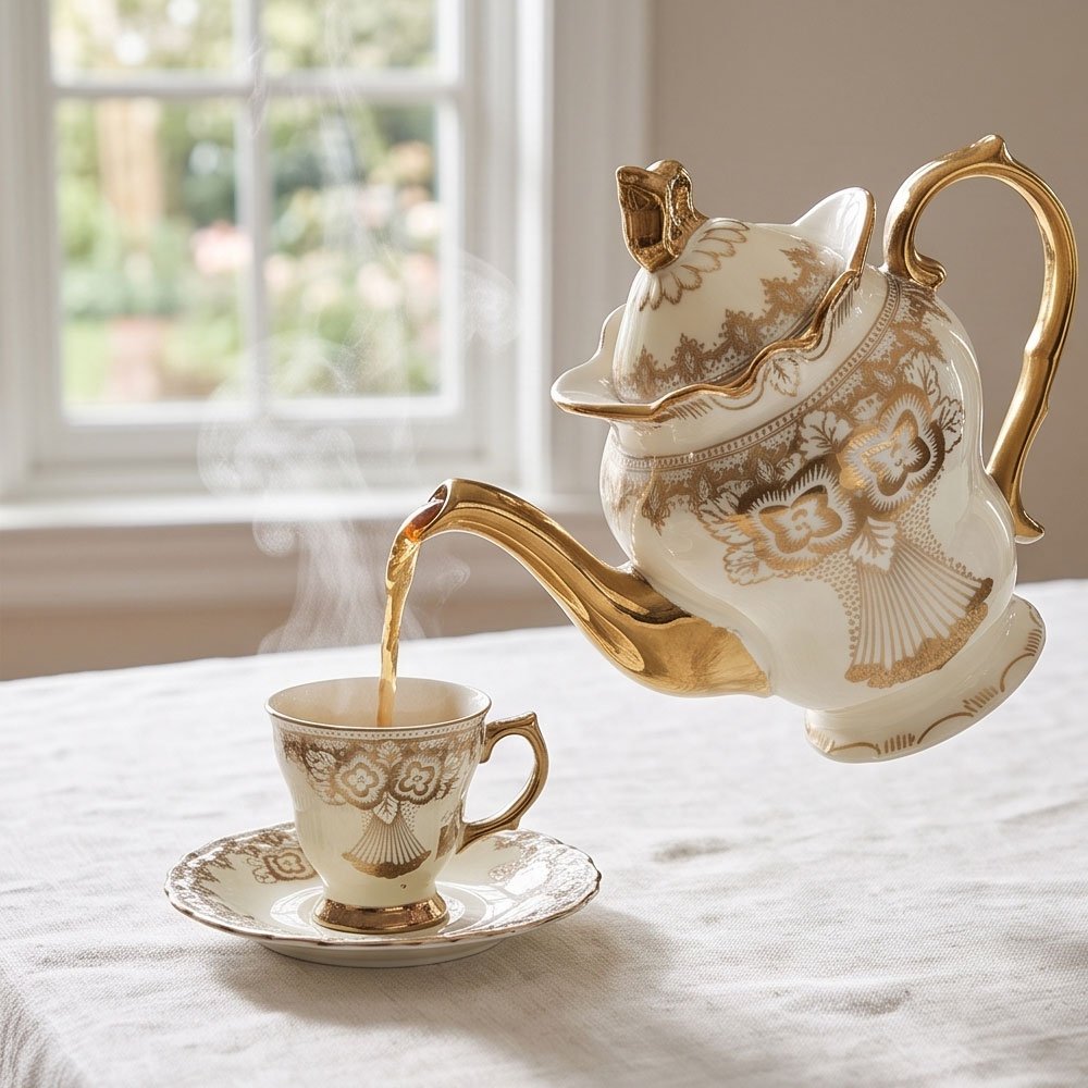 17-Piece Luxury Cream Porcelain Cocoa and Tea Set with Royal Gold Accents and Elegant Classic Motifs - Image 5