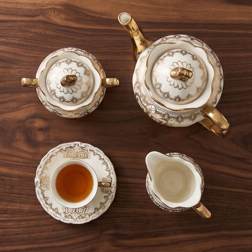 17-Piece Luxury Cream Porcelain Cocoa and Tea Set with Royal Gold Accents and Elegant Classic Motifs - Image 4