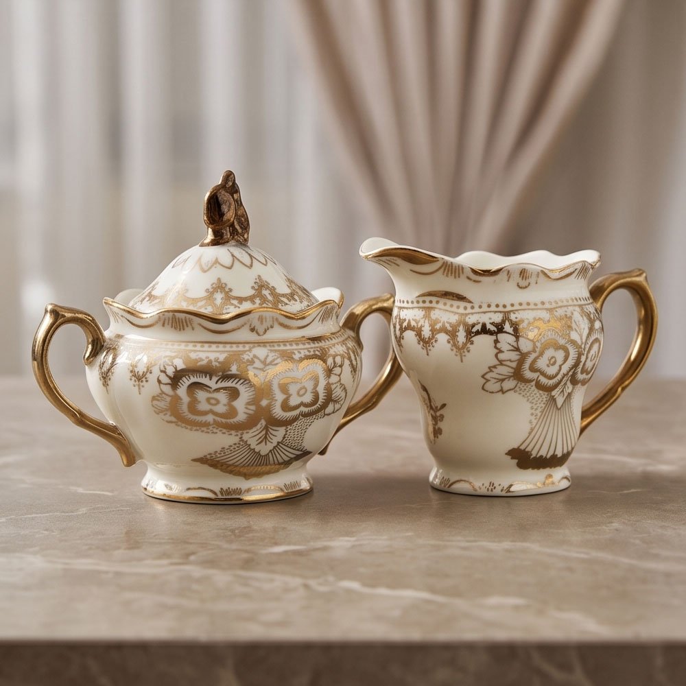 17-Piece Luxury Cream Porcelain Cocoa and Tea Set with Royal Gold Accents and Elegant Classic Motifs - Image 3