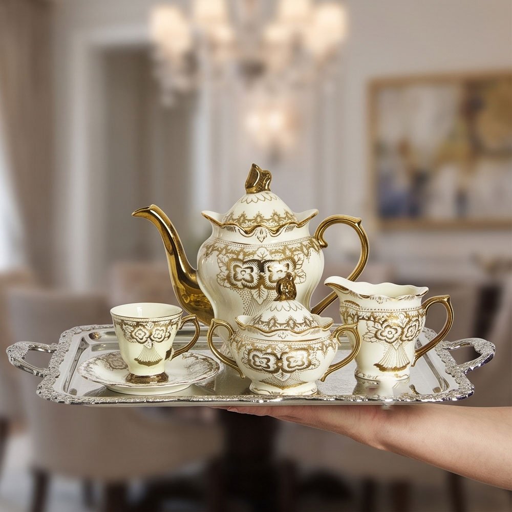 17-Piece Luxury Cream Porcelain Cocoa and Tea Set with Royal Gold Accents and Elegant Classic Motifs - Image 2