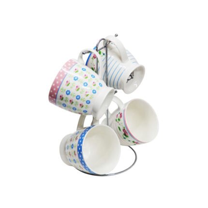4-Piece Colorful Porcelain Coffee and Tea Mug Set with Metal Stand and Charming Floral Decals