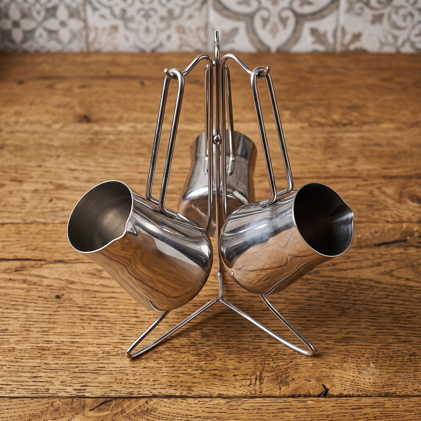3-Piece Stainless Steel Turkish Coffee Pot Set with Organizer Stand and Heat-Resistant Handles - Image 3