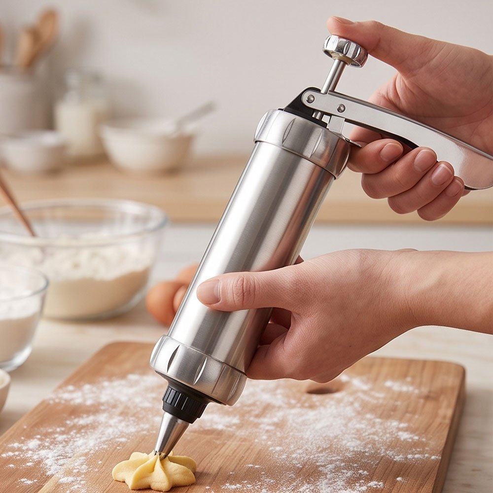 Stainless Steel Cookie Press and Biscuit Maker Set with Pattern Discs and Piping Nozzles - Image 3