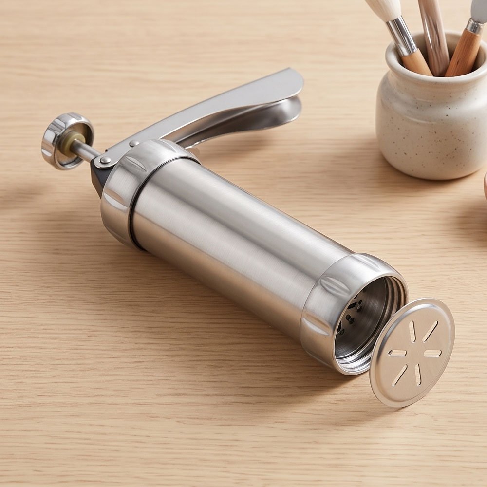 Stainless Steel Cookie Press and Biscuit Maker Set with Pattern Discs and Piping Nozzles - Image 2