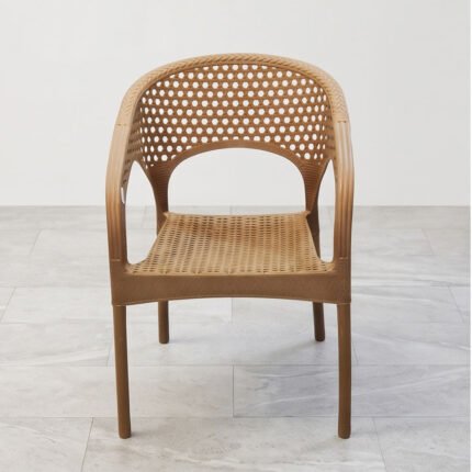 Durable Plastic Armchair with Wicker Rattan Texture and Circular Pattern Backrest for Patio and Home