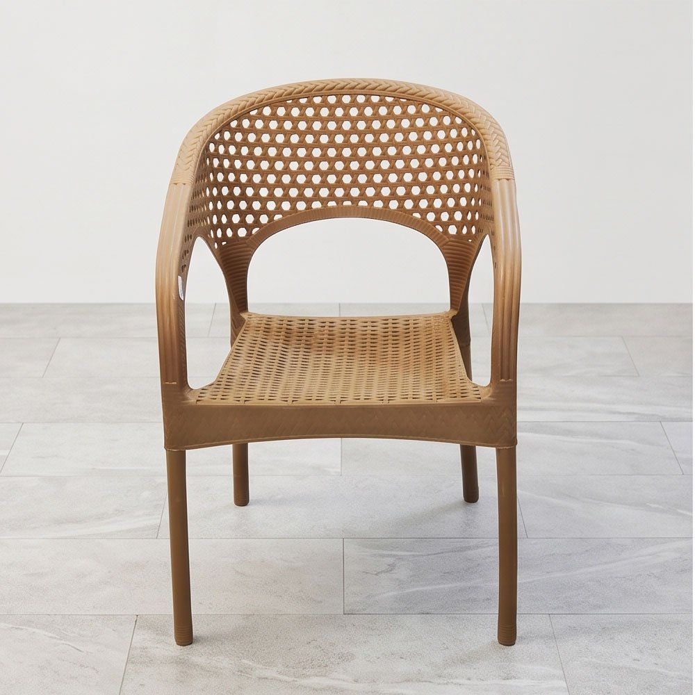 Durable Plastic Armchair with Wicker Rattan Texture and Circular Pattern Backrest for Patio and Home