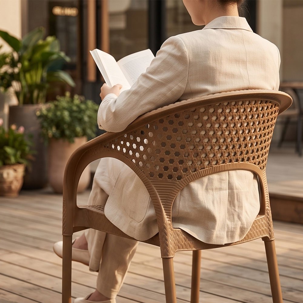 Durable Plastic Armchair with Wicker Rattan Texture and Circular Pattern Backrest for Patio and Home - Image 2