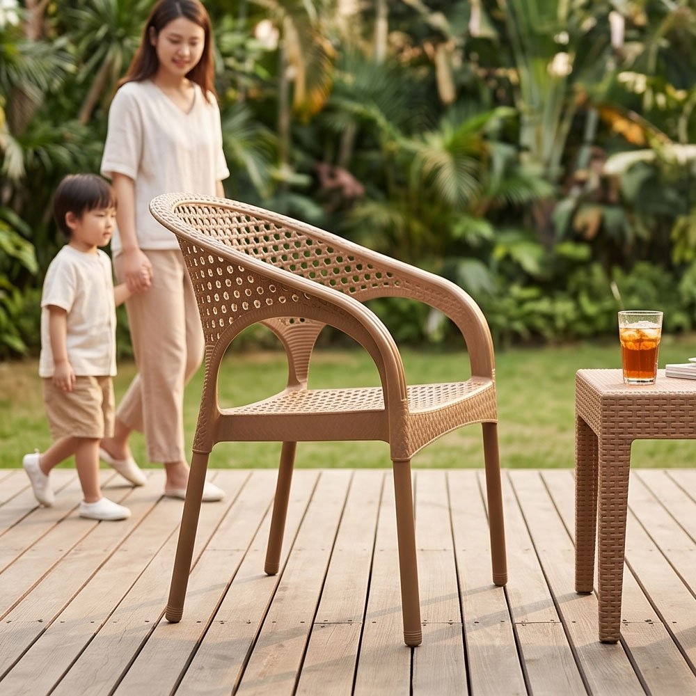 Durable Plastic Armchair with Wicker Rattan Texture and Circular Pattern Backrest for Patio and Home - Image 3