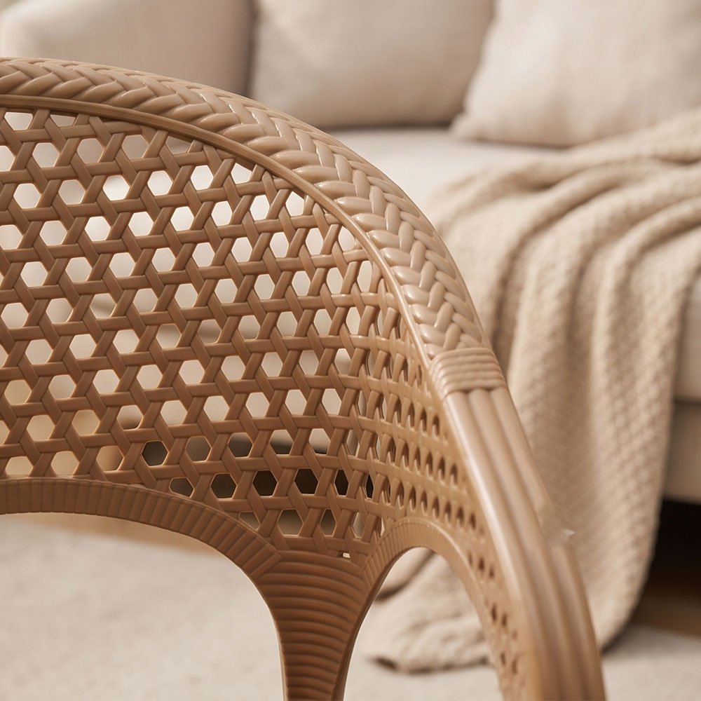 Durable Plastic Armchair with Wicker Rattan Texture and Circular Pattern Backrest for Patio and Home - Image 4