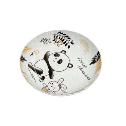 Child-Friendly Porcelain Deep Serving Bowl Plate with Cute Panda Bear and Bunny Print