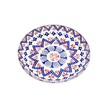 Bohemian Arabic Patterned Deep Porcelain Serving Bowl Plate in Blue and Red