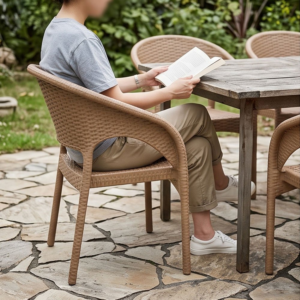 Modern Wicker-Texture Plastic Armchair with Cutout Backrest and Comfortable Seating for Patio and Home - Image 4