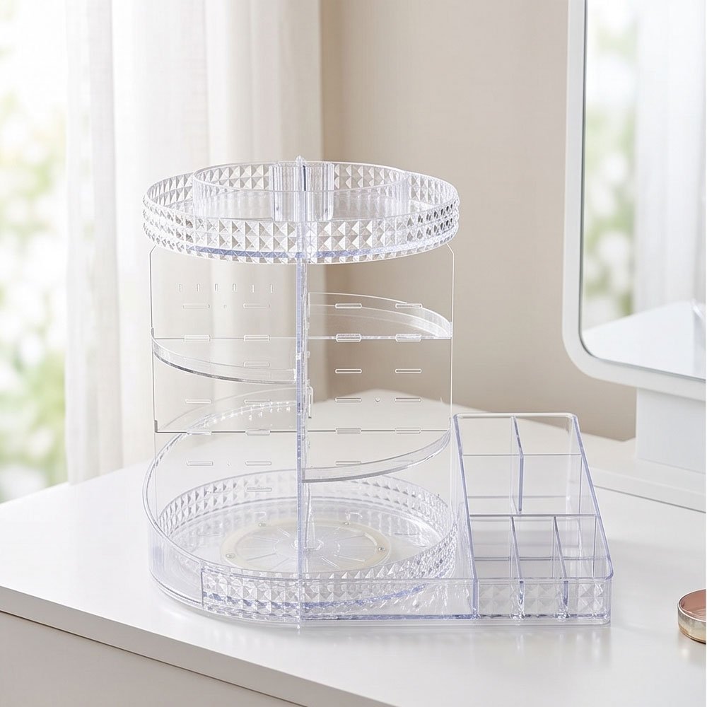 360 Rotating Makeup Organizer 2 in 1 Acrylic Cosmetic Storage with Brush Holder - Image 2