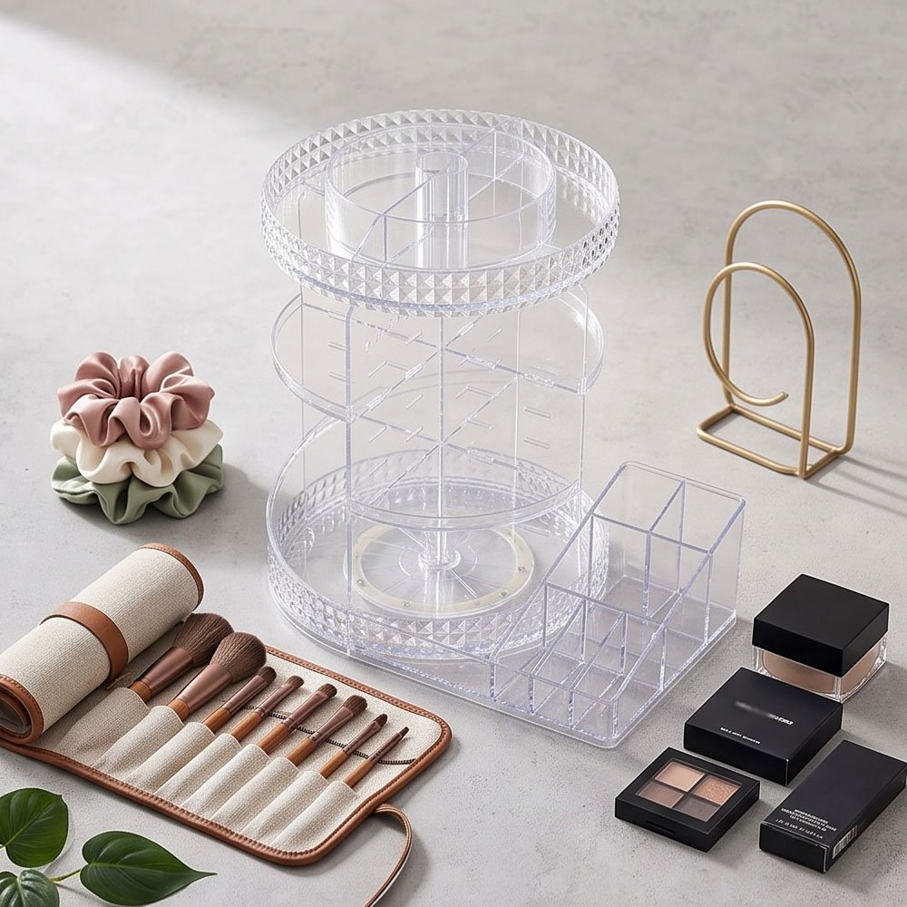 360 Rotating Makeup Organizer 2 in 1 Acrylic Cosmetic Storage with Brush Holder - Image 3